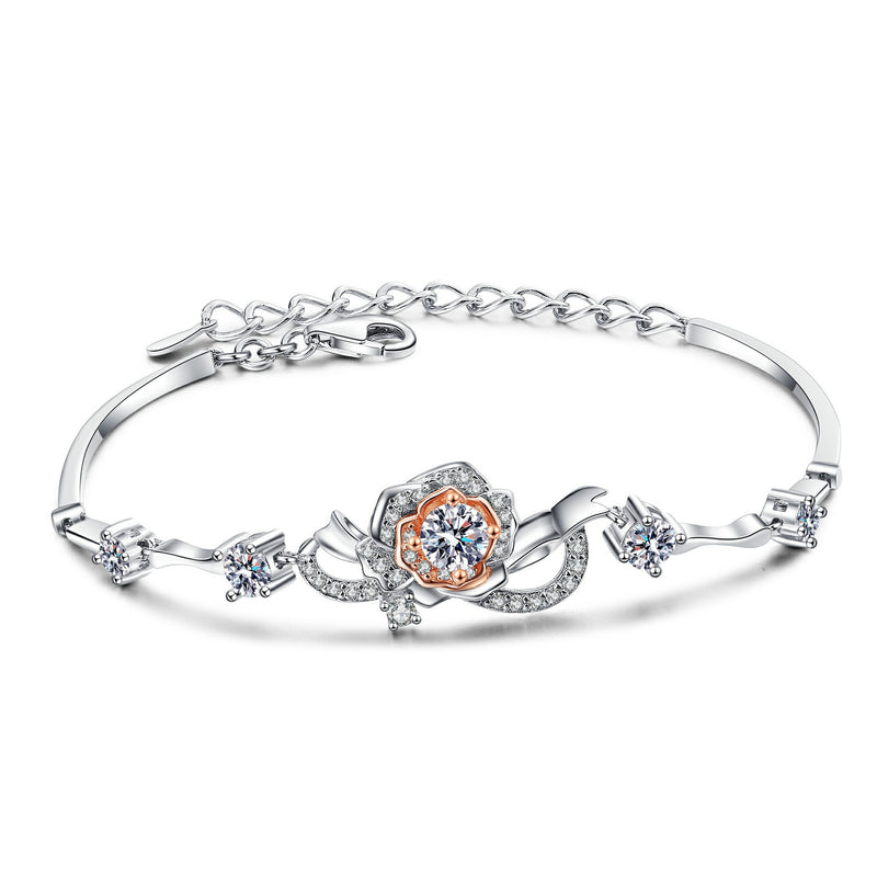 S925 Sterling Silver Rose Flower Bracelet with Moissanite Centerpiece