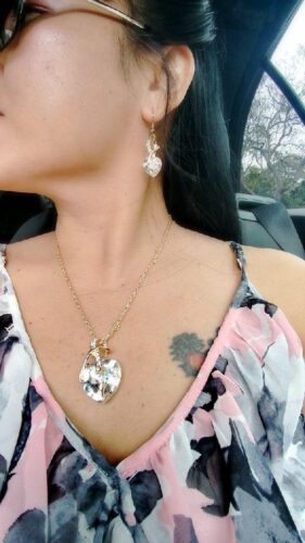 Peach Heart Crystal Earrings Necklace Set photo review